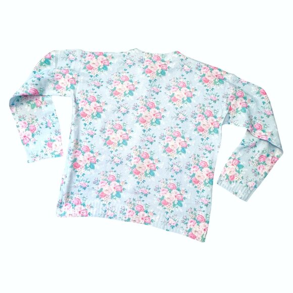 Floral Cardigan Sweater Size XL Blue Pink Rose Button Front Cottagecore Knit - Picture 3 of 11